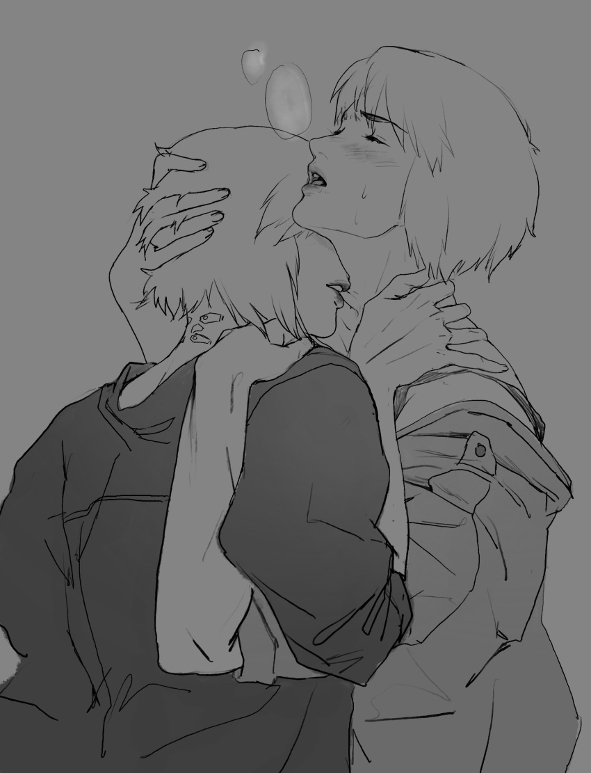 2girls, aizheajsee, black_outline, closed_eyes, ghost_in_the_shell, ghost_in_the_shell:_stand_alone_complex, grey_background, greyscale