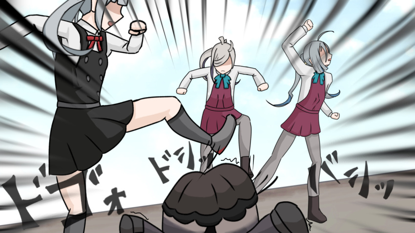 abbacchio_joins_the_kicking_(meme), abyssal_ship, ahoge, anodono, asashimo_(kancolle), black_dress, blue_ribbon, dress