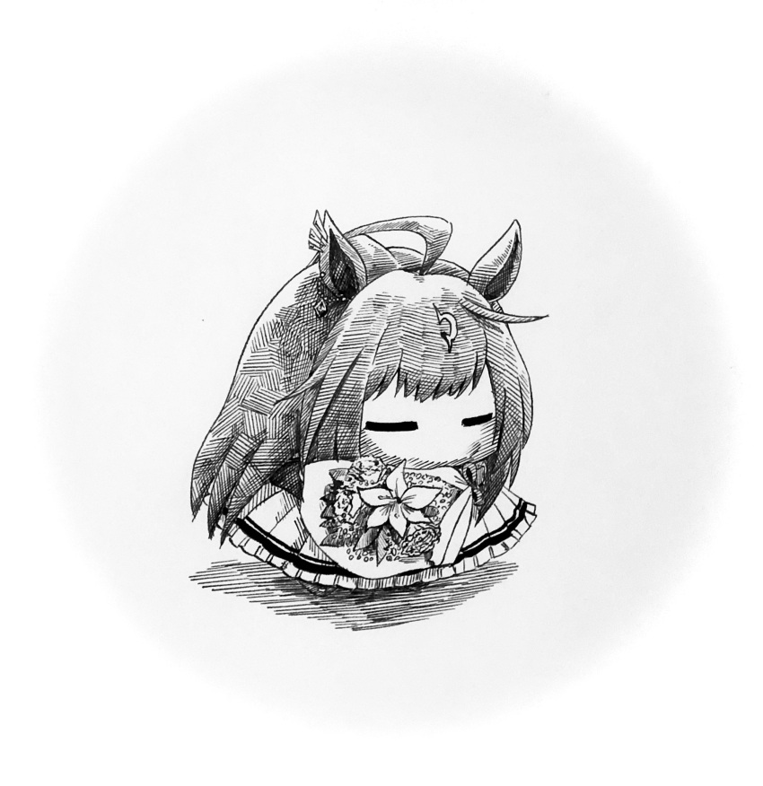 1girl, ahoge, animal_ear_piercing, animal_ears, bouquet, by_tsume, closed_eyes, duramente_(umamusume), flower, flower_request, greyscale, highres, holding, holding_bouquet, horse_ears, horse_girl, huge_ahoge, lily_(flower), long_hair, monochrome, mourning, no_mouth, pleated_skirt, school_uniform, skirt, solo, summer_uniform, tracen_school_uniform, umamusume, very_long_hair