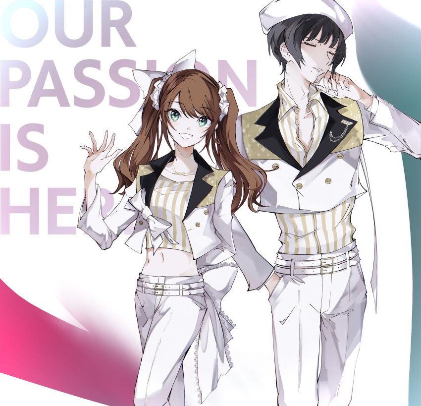 2boys, absurdres, aqua_eyes, arm_behind_back, belt, black_hair, bow, brown_hair