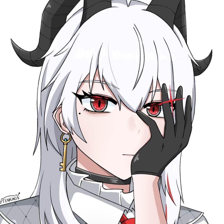 1girl, artist_logo, black_choker, black_eyes, black_gloves, black_horns, choker, closed_mouth, commentary, curled_horns, earrings, glint, gloves, hand_on_own_face, highres, horns, jewelry, key_earrings, logo, looking_at_viewer, mole, mole_under_eye, multicolored_eyes, portrait, red_eyes, simple_background, solo, tenrino, two-tone_eyes, white_background, wuthering_waves, zani_(wuthering_waves)