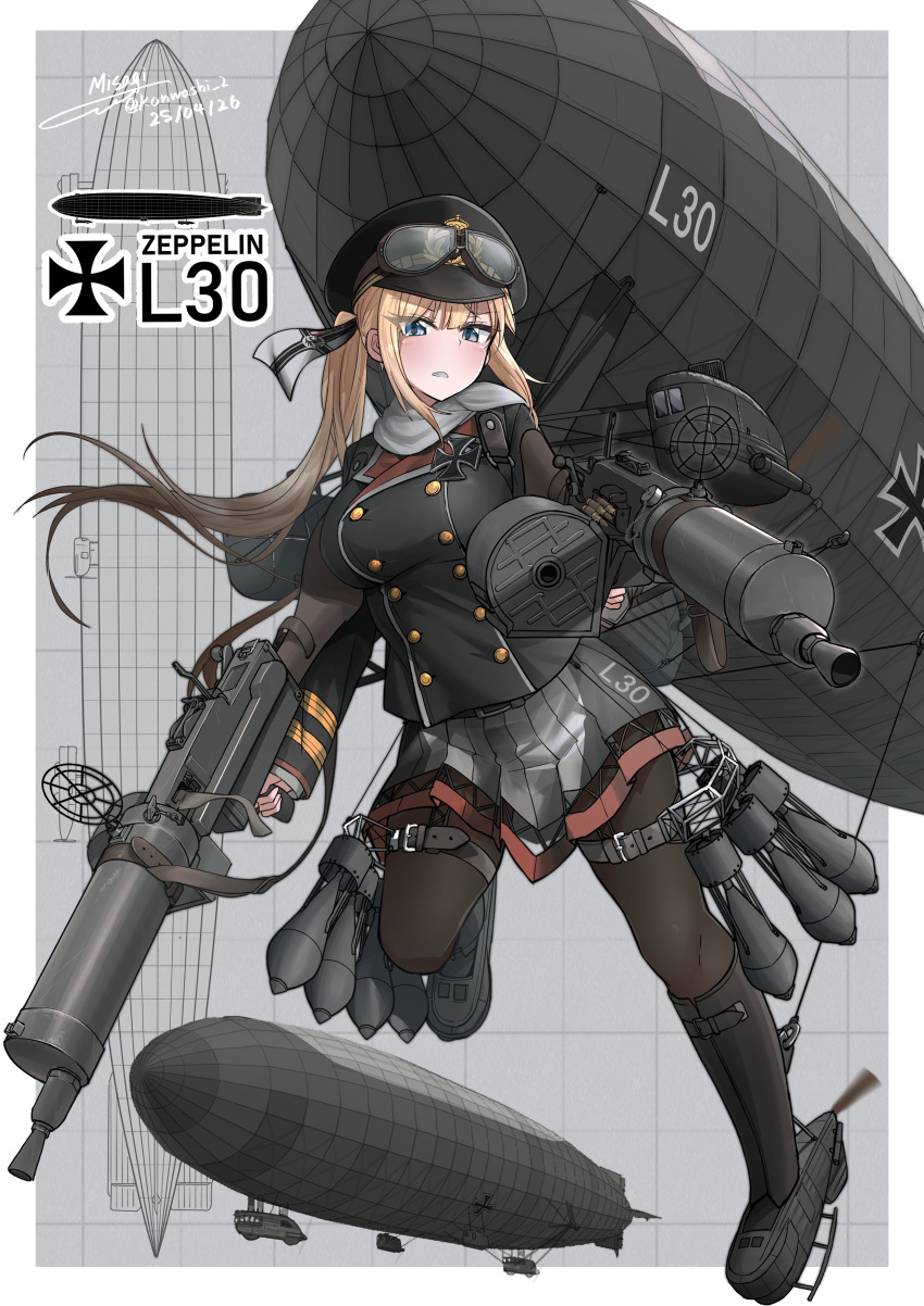 1girl, absurdres, aircraft, black_hat, blonde_hair, blue_eyes, bomb, boots