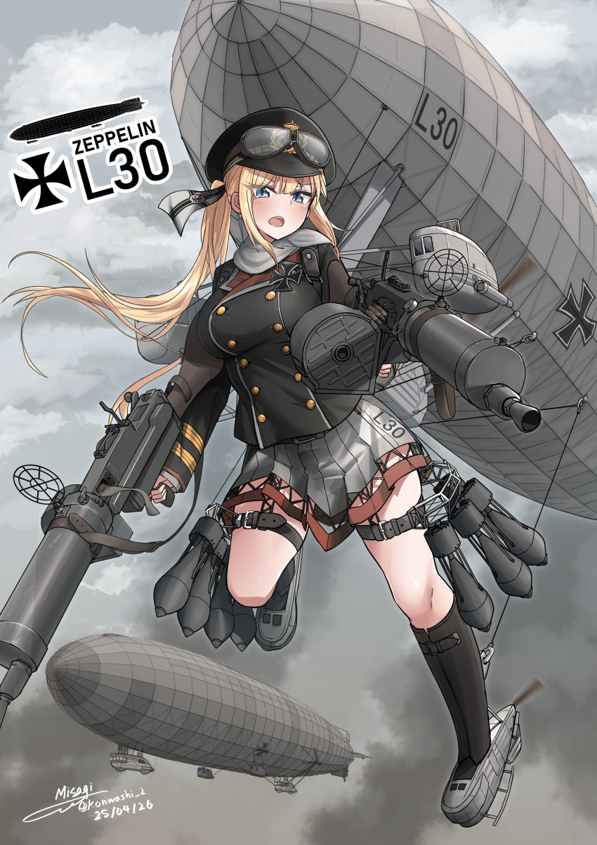 1girl, absurdres, aircraft, black_hat, blonde_hair, blue_eyes, bomb, boots