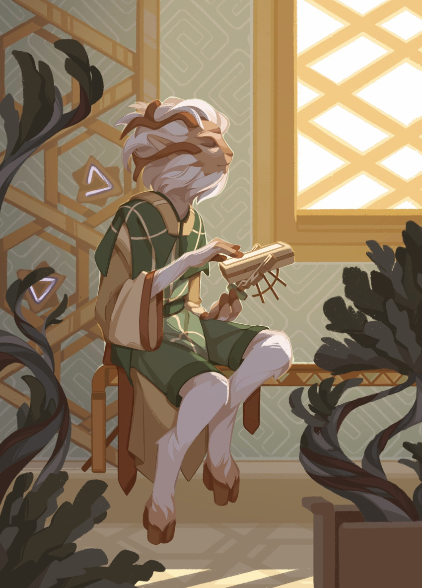 1girl, barefoot, brown_horns, capelet, closed_eyes, fewer_digits, from_side, full_body, furry, furry_female, green_capelet, green_shorts, highres, holding, hooves, horns, indoors, outer_wilds, plant, pointy_ears, railwaybird, short_hair, shorts, sitting, solanum_(outer_wilds), solo, third_eye, white_hair, window