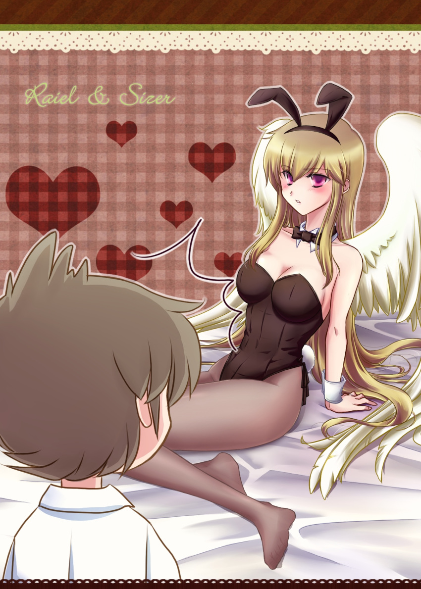 age_difference, angel_wings, animal_ears, archangel, bare_shoulders, bed, blonde_hair, blush, bowtie, breasts, bunny_ears, bunny_girl, bunny_tail, bunnygirl, bunnysuit, cleavage, couple, feet, grey_hair, grey_hair, hapiko, heart, highres, long_hair, pantyhose, purple_eyes, raiel, red_eyes, short_hair, sitting, sizer, surprise, surprised, tail, violinist_of_hameln, wings, wrist_cuffs