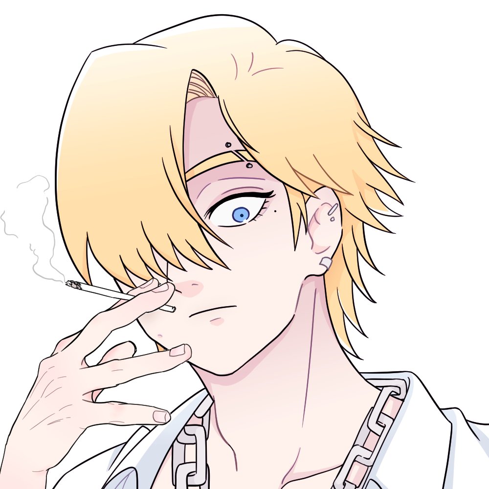 1boy, blonde_hair, blue_eyes, chain, chain_necklace, cigarette, collared_shirt, degrees_of_lewdity, earrings, eyebrow_piercing, gaebaeg4, hair_over_one_eye, holding, holding_cigarette, jewelry, looking_at_viewer, necklace, piercing, portrait, shirt, simple_background, solo, white_background, white_shirt, whitney_(degrees_of_lewdity), whitney_(male)_(degrees_of_lewdity)