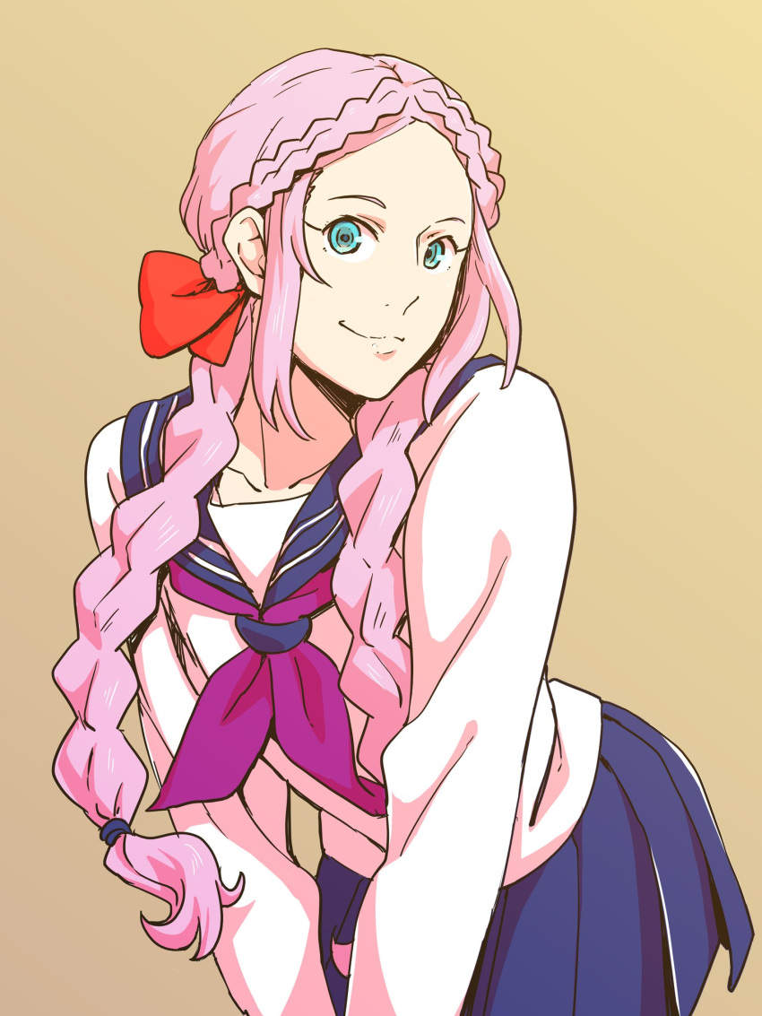 1boy, braid, brown_background, classicaloid, closed_mouth, commentary_request, crossdressing, eyelashes