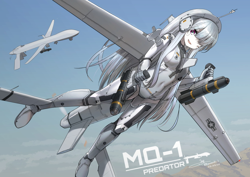 1girl, absurdres, airplane_wing, artificial_eye, bodysuit, bomb, breasts, covered_navel, explosive, grey_bodysuit, grey_eyes, grey_hair, headgear, highres, long_hair, mecha_musume, mechanical_eye, mq-1_predator, original, personification, small_breasts, teisei_misagi, unmanned_aerial_vehicle, very_long_hair