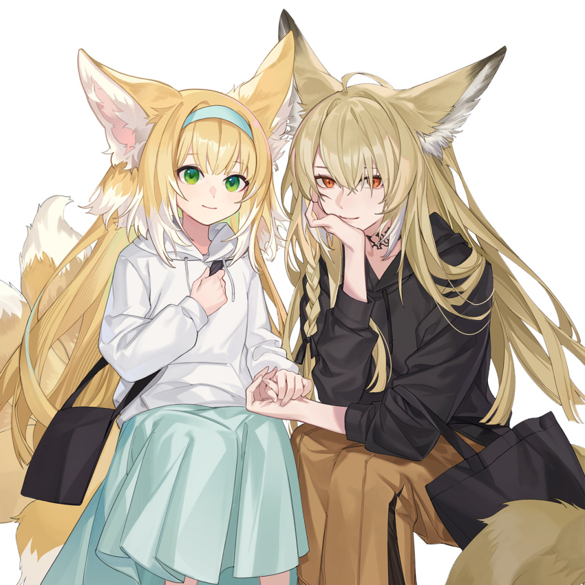 2girls, animal_ear_fluff, animal_ears, aqua_hairband, arknights, bag, black_bag, black_hoodie