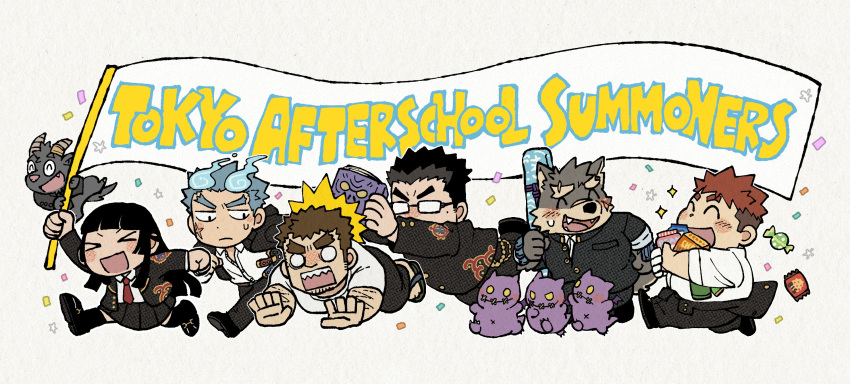 >_<, 1girl, 5boys, animal_ears, black_hair, blue_hair, book, brown_hair, candy, chibi, collared_shirt, commentary, confetti, copyright_name, devil_(housamo), dog_boy, dog_ears, dog_tail, english_text, fiery_horns, flag, food, forked_eyebrows, full_body, furry, furry_male, glasses, highres, holding, holding_book, holding_flag, holding_food, horns, long_hair, mochiyoshi, moritaka_(housamo), motoori_shiro, multiple_boys, o_o, open_mouth, protagonist_2_(housamo), running, sakimori_toji, salomon_(housamo), scar, school_uniform, shirt, short_hair, simple_background, skirt, smile, star_(symbol), sweatdrop, tail, takabushi_kengo, thick_eyebrows, tokyo_afterschool_summoners, white_background, white_shirt, yakushimaru_ryota