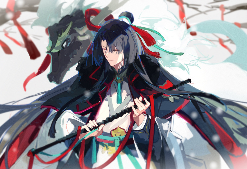 1boy, absurdres, black_coat, black_hair, chinese_clothes, closed_eyes, coat, coat_on_shoulders, fate/grand_order, fate_(series), fishing_rod, fui_(fui29493452), hanfu, highres, holding, holding_fishing_rod, long_hair, long_sleeves, male_focus, qilin_(mythology), sibuxiang_(fate), smile, solo, taigong_wang_(fate)