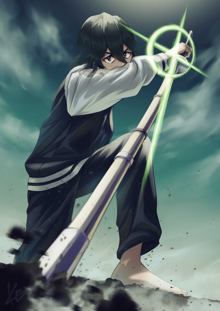 1boy, absurdres, barefoot, blue_sky, fighting_stance, green_eyes, highres, jacket