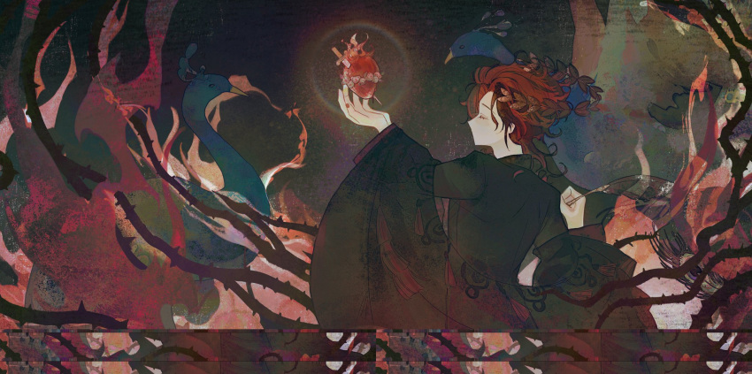 1boy, back, bird, closed_eyes, coat, curly_hair, dagger, dante_alighieri_(fate)