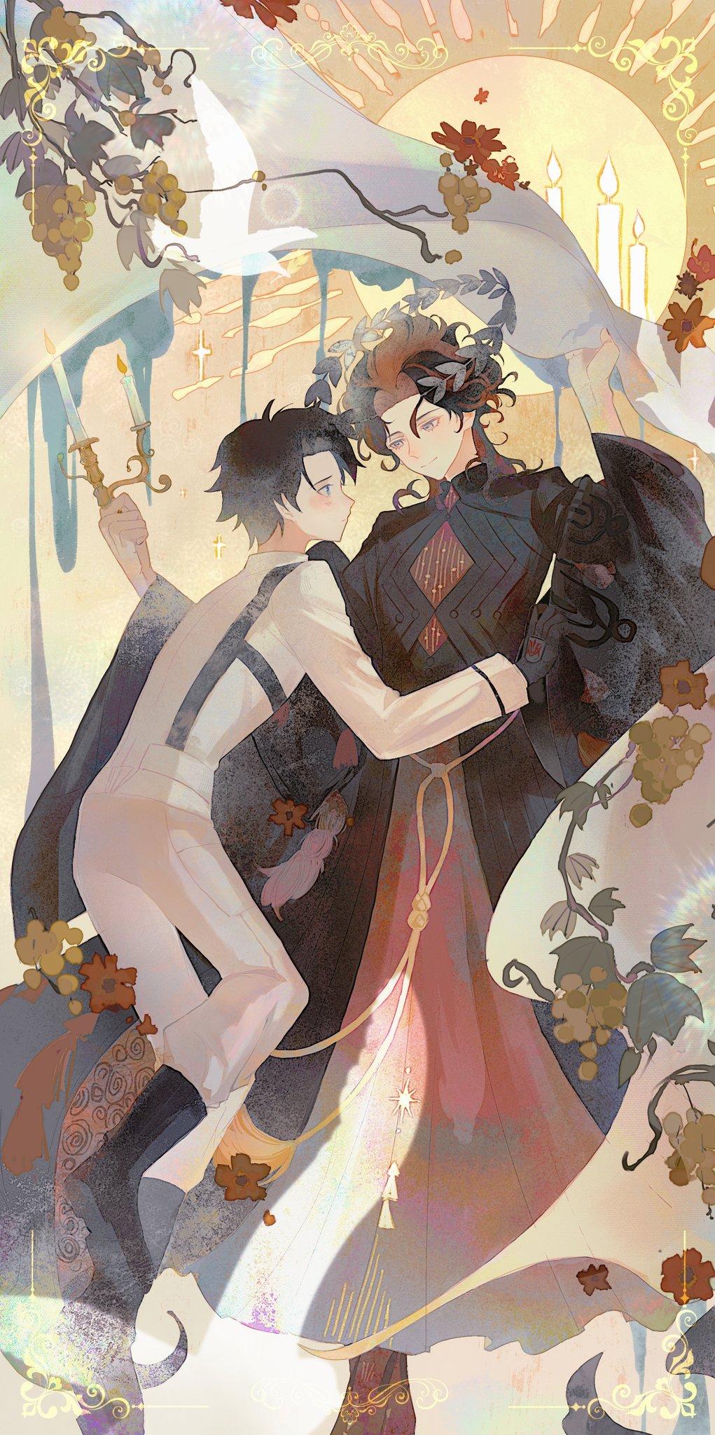 2boys, black_coat, black_hair, blue_eyes, branch, candlestand, coat, command_spell