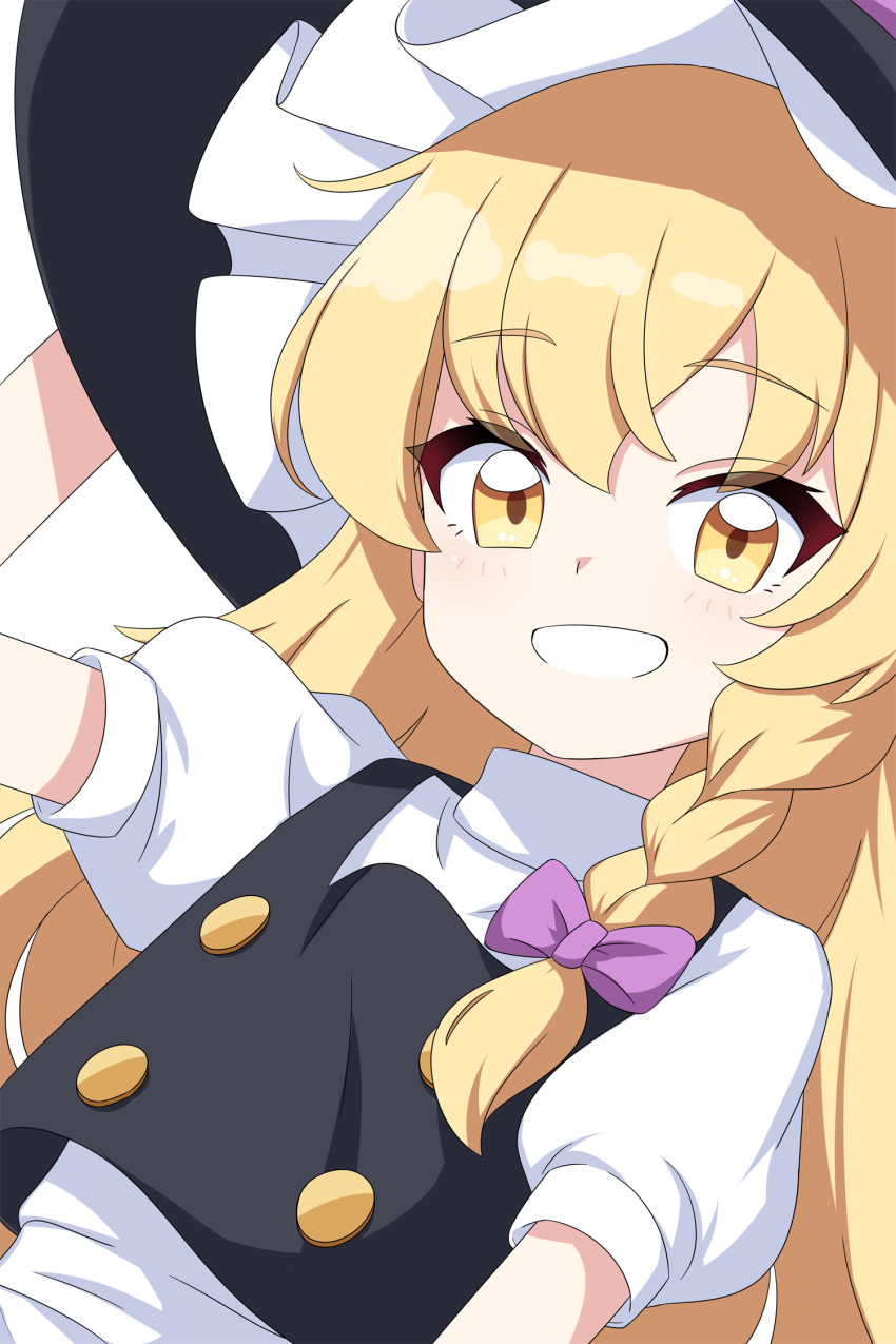 1girl, black_vest, blonde_hair, bow, braid, commentary, hair_bow, hat