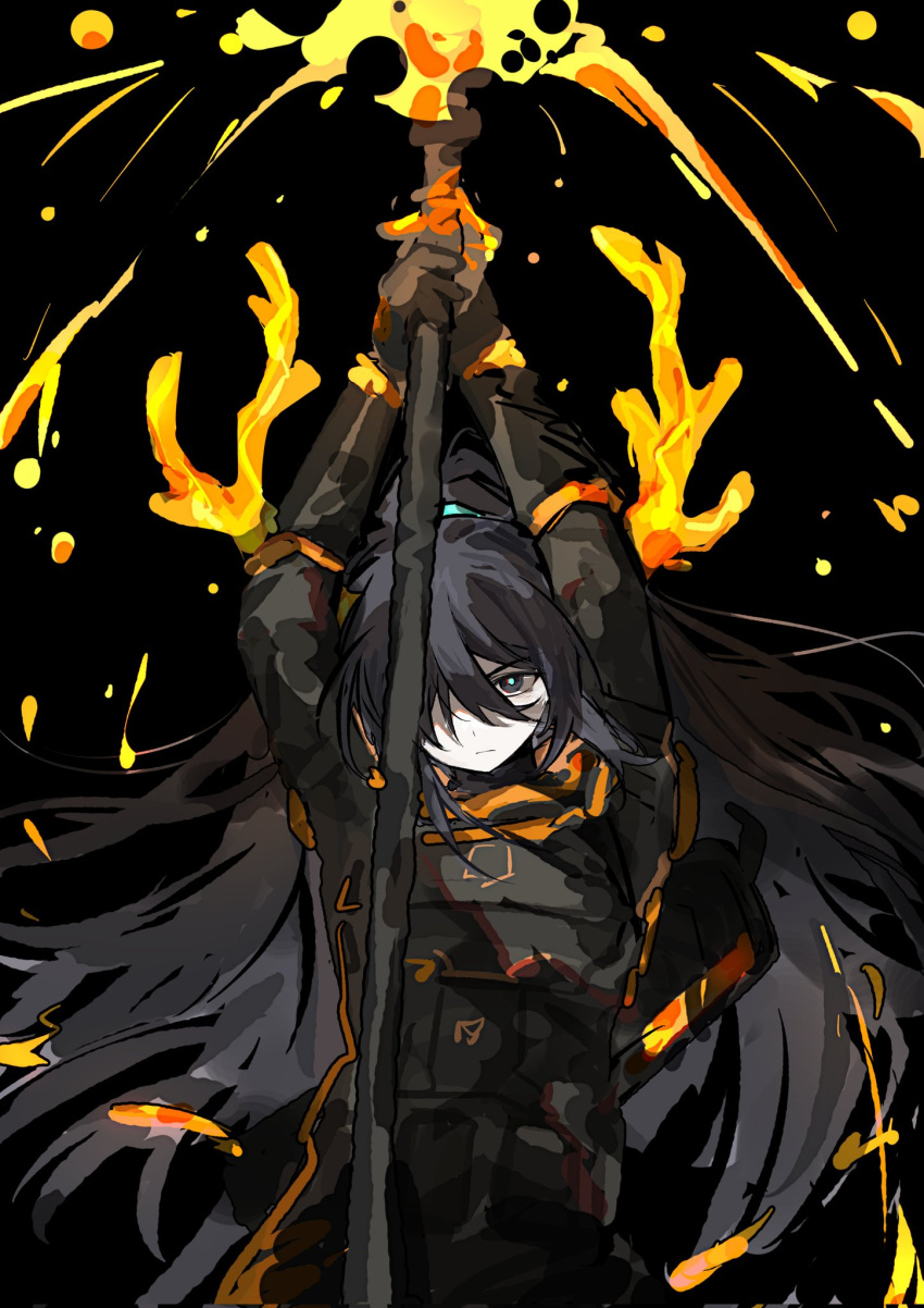 1boy, armor, arms_up, black_armor, black_eyes, black_gloves, black_hair, closed_mouth