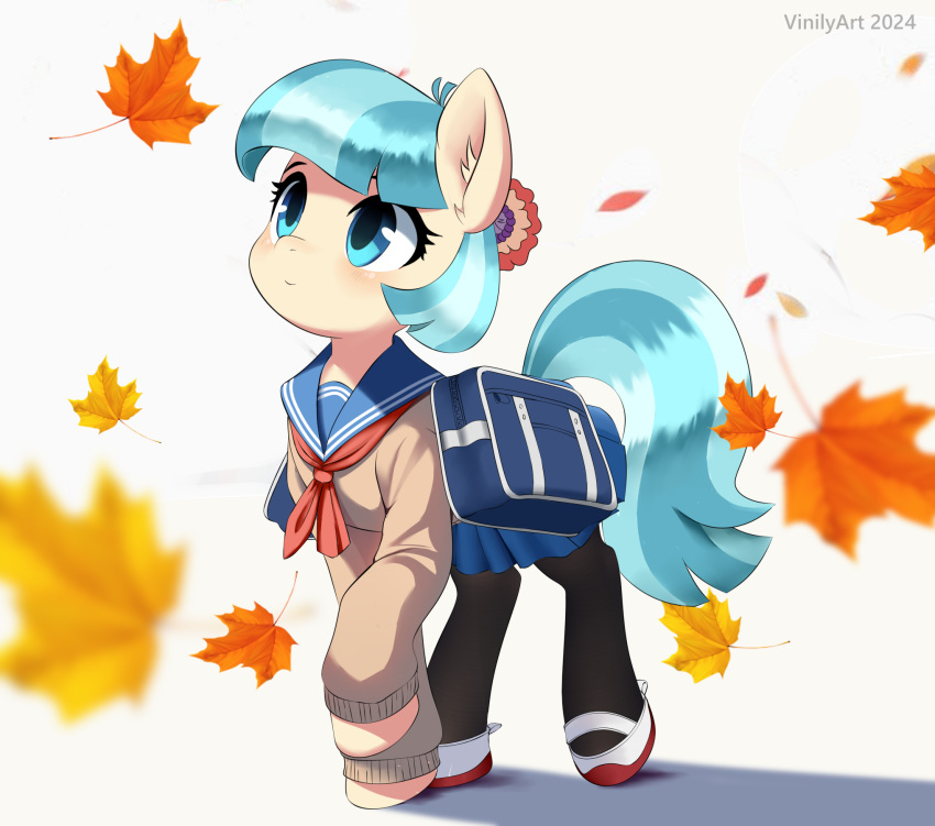alternate_costume, animal, animal_focus, autumn_leaves, black_pantyhose, blue_eyes, blue_hair, blue_skirt, clothed_animal, coco_pommel, commentary_request, flower, full_body, hair_flower, hair_ornament, highres, hooves, horse, leaf, long_sleeves, looking_up, my_little_pony, my_little_pony:_friendship_is_magic, no_humans, pantyhose, pony_(animal), school_uniform, serafuku, shoes, short_hair, simple_background, skirt, solo, tail, vinilyart, white_background, white_shoes
