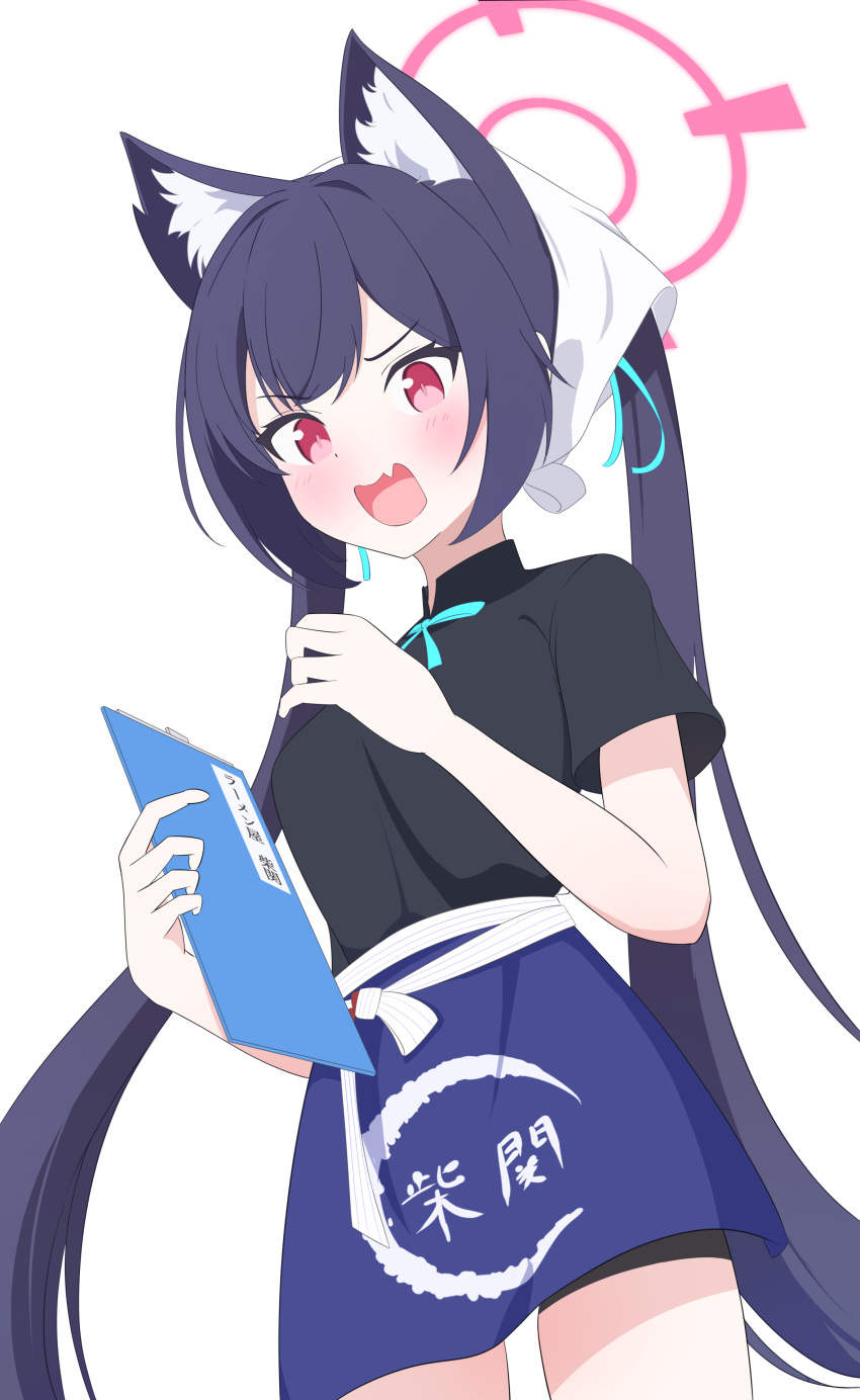 1girl, absurdres, animal_ear_fluff, animal_ears, apron, aqua_ribbon, black_hair, black_shirt