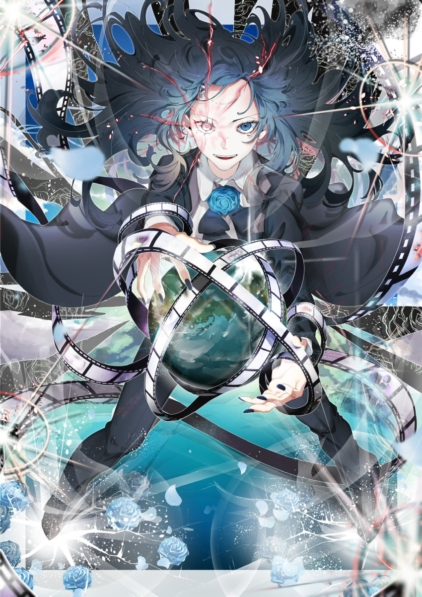 1girl, ado_(utaite), black_coat, black_pants, blue_eyes, blue_flower, blue_hair, blue_nails