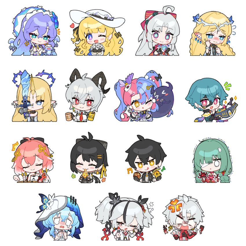 3boys, 6+girls, :q, ahoge, anger_vein, bandage_over_one_eye, black_flower, black_hair