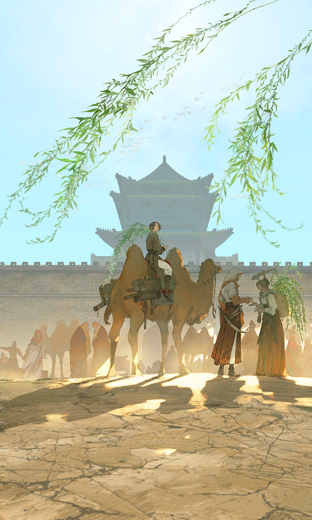 1girl, 2boys, 6+others, architecture, backpack_basket, bactrian_camel, boots, branch