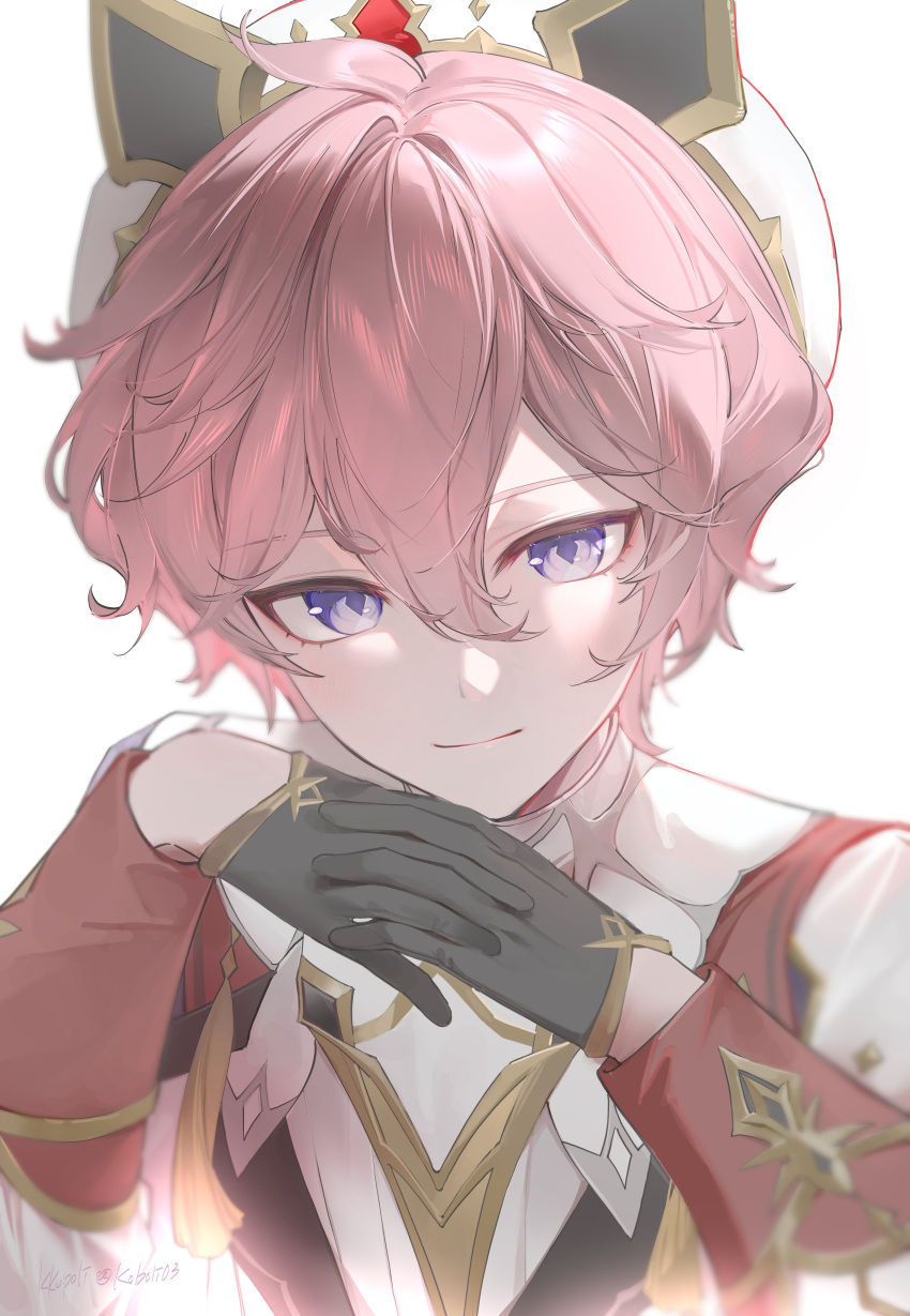1boy, absurdres, ahoge, artist_name, beret, black_gloves, blush, closed_mouth