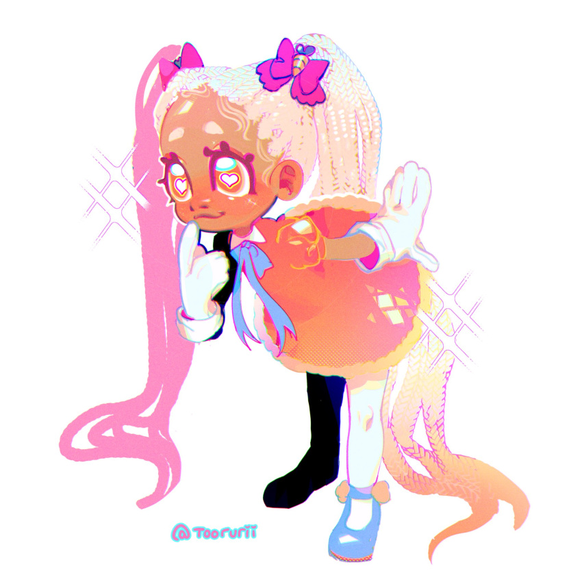 1girl, blonde_hair, blue_ribbon, blue_shoes, bow, braid, carrot_hair_ornament, child