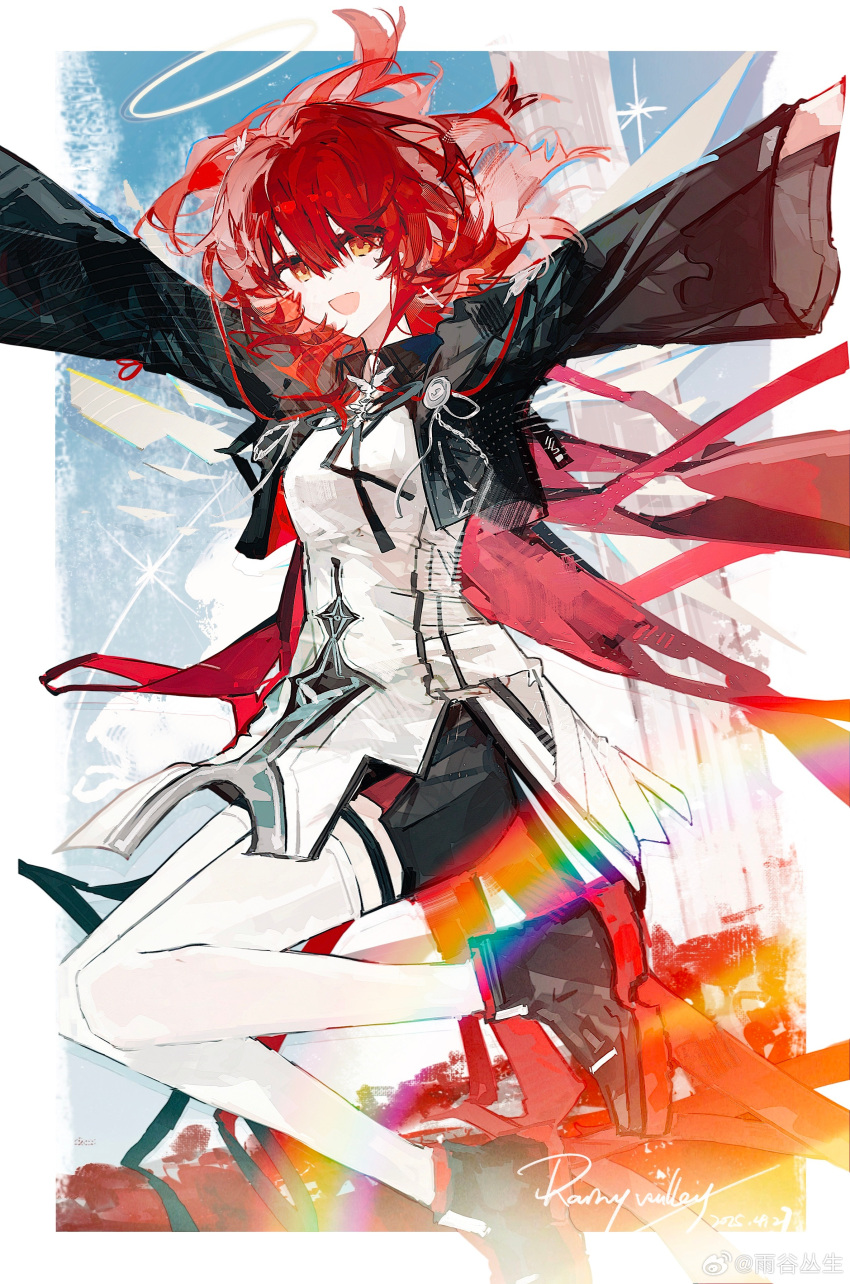 1girl, :d, absurdres, arknights, artist_name, black_boots, black_ribbon, black_shorts