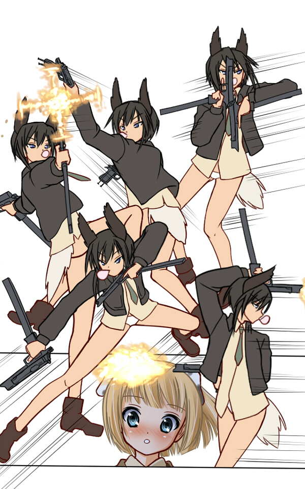 animal_ears, blush, bubblegum, dominica_s_gentile, dual_wielding, equilibrium, extended_magazine, firing