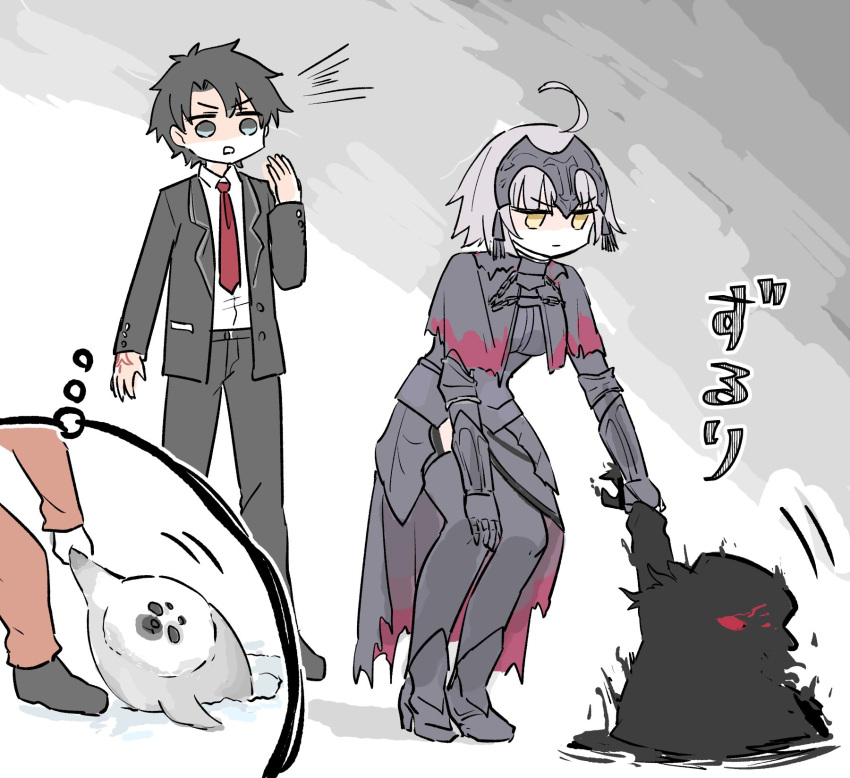 1boy, 1girl, ahoge, armor, armored_dress, black_capelet, black_dress, black_eyes