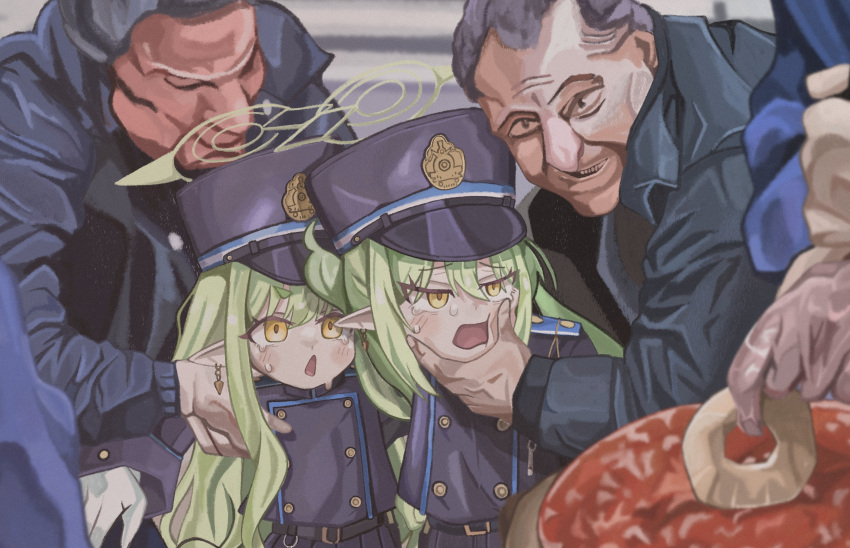 2boys, 2girls, absurdres, black_hat, black_jacket, blue_archive, buttons, crying