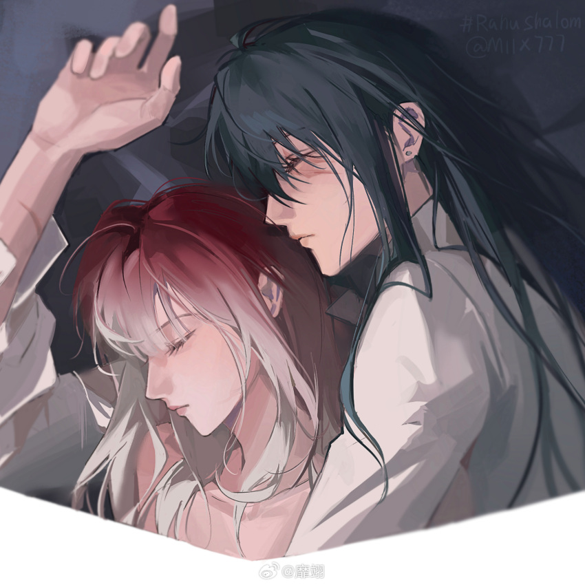 2girls, black_hair, chinese_commentary, closed_eyes, closed_mouth, collared_shirt, commentary_request, cuddling
