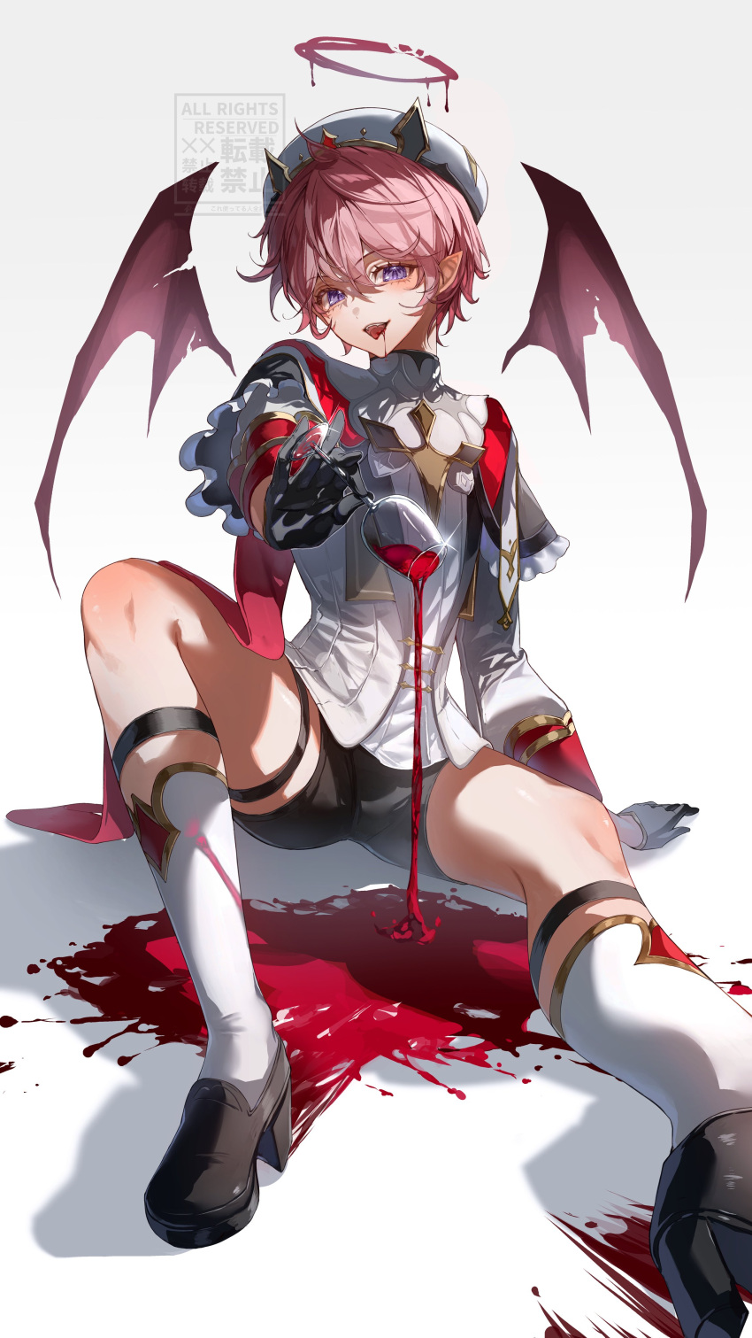 1boy, absurdres, ahoge, alcohol, arm_support, bat_wings, beret, black_gloves