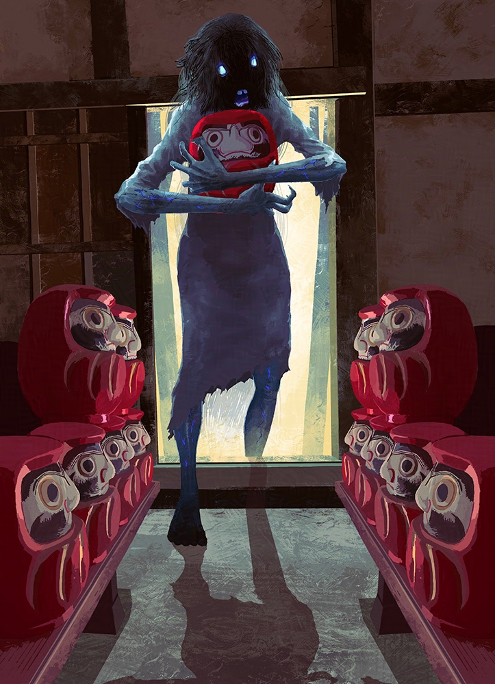 1girl, backlighting, blue_skin, colored_skin, commentary_request, daruma_doll, doorway, dress