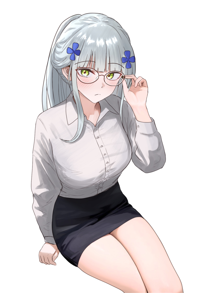 1girl, adjusting_eyewear, alternate_costume, black_skirt, blush, closed_mouth, collared_shirt, commentary, cross_hair_ornament, dress_shirt, e20_(79324944), girls_frontline, green_eyes, grey_hair, hair_ornament, highres, hk416_(girls'_frontline), long_hair, looking_at_viewer, pencil_skirt, shirt, simple_background, sitting, skirt, solo, white_background, white_shirt