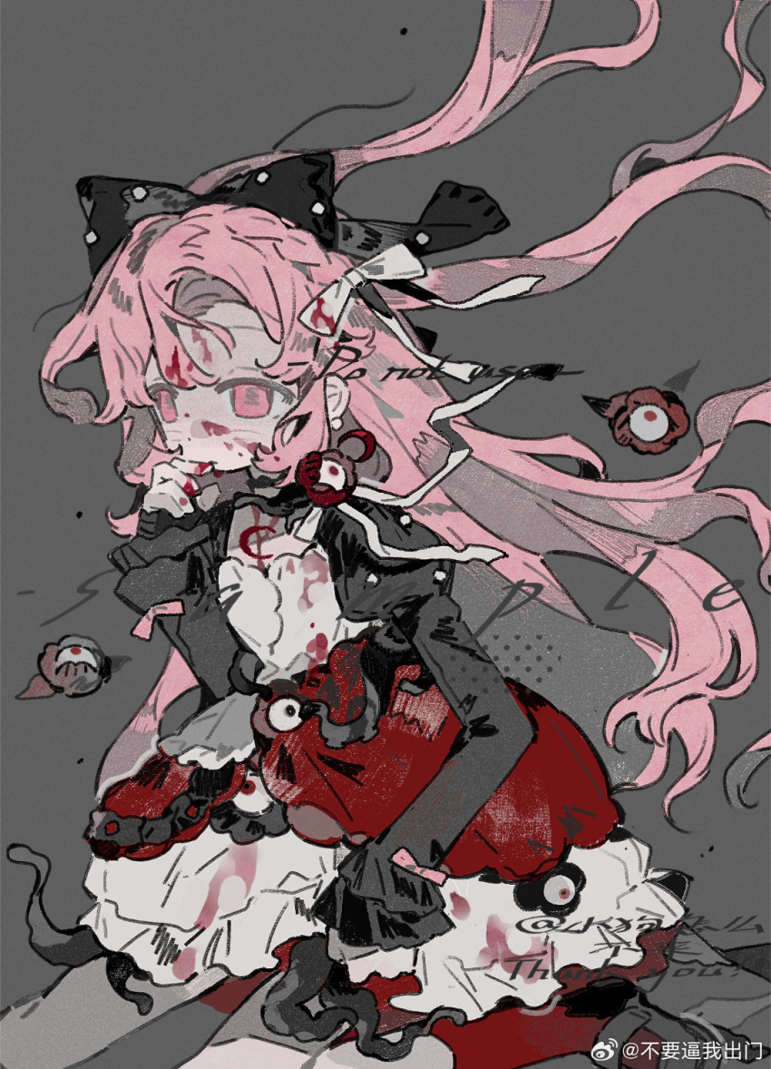1girl, black_bow, blood, blood_on_face, bow, dress, eyeball, highres