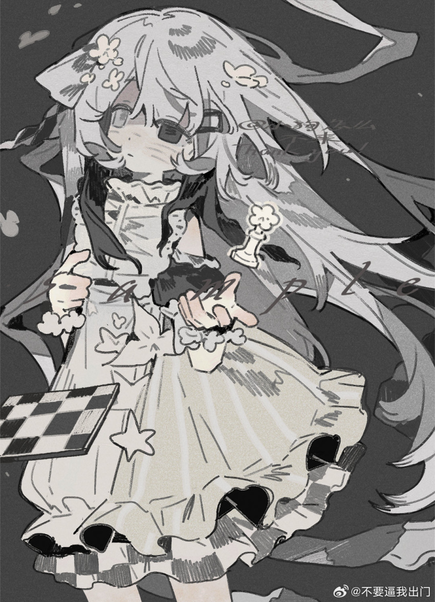 1girl, black_eyes, blush, board_game, chess, chessboard, dress, flower, highres, long_hair, multicolored_hair, original, watermark, weibo_6992685970, weibo_watermark, white_dress, white_eyes, white_flower, white_hair