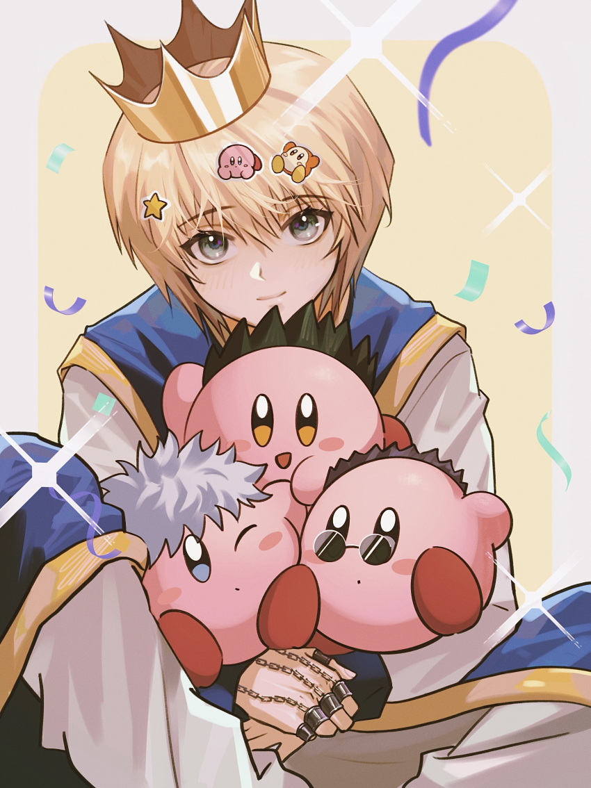 1boy, absurdres, black_hair, blonde_hair, blue_tabard, blush_stickers, brown_eyes, chinese_commentary, closed_mouth, colored_skin, commentary_request, confetti, crown, dot_mouth, gold_trim, gon_freecss, grey_eyes, hand_chains, highres, holding, hunter_x_hunter, killua_zoldyck, kirby, kirby_(series), kurapika, leorio_paladiknight, long_sleeves, looking_at_viewer, male_focus, one_eye_closed, pants, pink_skin, ppttppff, short_hair, sitting, smile, spiky_hair, star_(symbol), sticker, streamers, sunglasses, tabard, waddle_dee, white_hair, white_pants