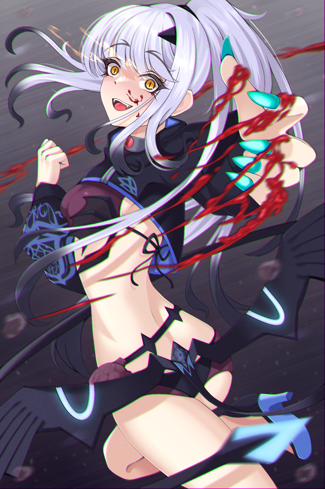 1girl, bikini, black_bikini, blood, blood_on_face, blood_on_hands, blood_splatter, breasts