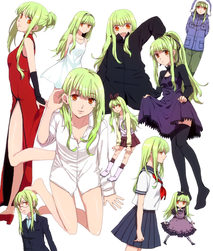 amber, apron, ariel_(darker_than_black), ariel_(darker_than_black)_(cosplay), barefoot, boots, bow, bridal_gauntlets, china_dress, chinese_clothes, coat, cosplay, darker_than_black, dress, dress_lift, formal, glasses, green_hair, hair_bow, hair_ribbon, hairband, kashiwagi_mai, kashiwagi_mai_(cosplay), kirihara_misaki, kirihara_misaki_(cosplay), long_hair, mai_kashiwagi, mai_kashiwagi_(cosplay), open_mouth, orange_eyes, ouru109, ponytail, profile, ribbon, school_uniform, serafuku, shirt, simple_background, skirt, smile, suit, suou_pavlichenko, suou_pavlichenko_(cosplay), thigh-highs, thighhighs, winter_clothes, yin, yin_(cosplay), young