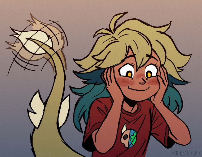 1girl, absurdres, afterimage, artist_name, black_eyes, blonde_hair, blush, gradient_background, green_hair, hands_on_own_face, highres, long_hair, looking_down, radiostudio07, shirt, smile, solo, t-shirt, tail, the_owl_house, upper_body, vee_(the_owl_house), wavy_mouth, yellow_pupils