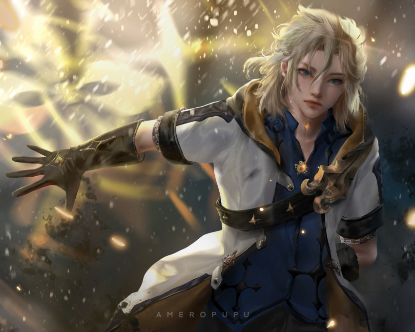 1boy, albedo_(genshin_impact), ameropupu, artist_name, belt, black_belt, black_gloves, black_pants