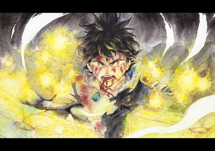 amulet, black_clover, black_hair, blood, blood_from_mouth, blood_on_body, blood_on_chest, blood_on_face