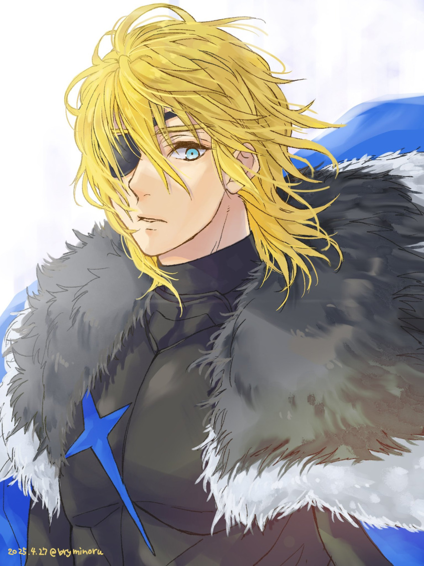 1boy, armor, black_armor, black_fur, blonde_hair, blue_cape, blue_eyes, breastplate