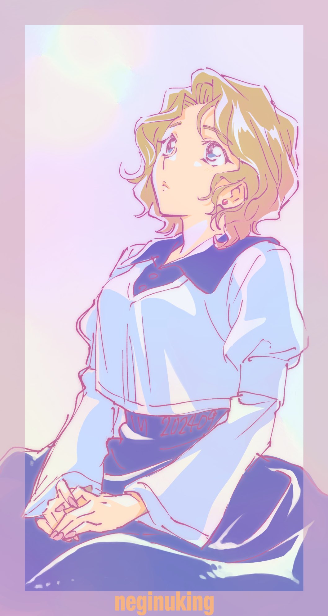 1girl, age_difference, artist_name, blue_eyes, blue_shirt, blue_skirt, blurry, brown_hair