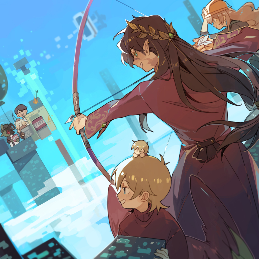 1girl, 6+boys, animification, bird_boy, bird_wings, block_(minecraft), bow_(weapon), brown_hair