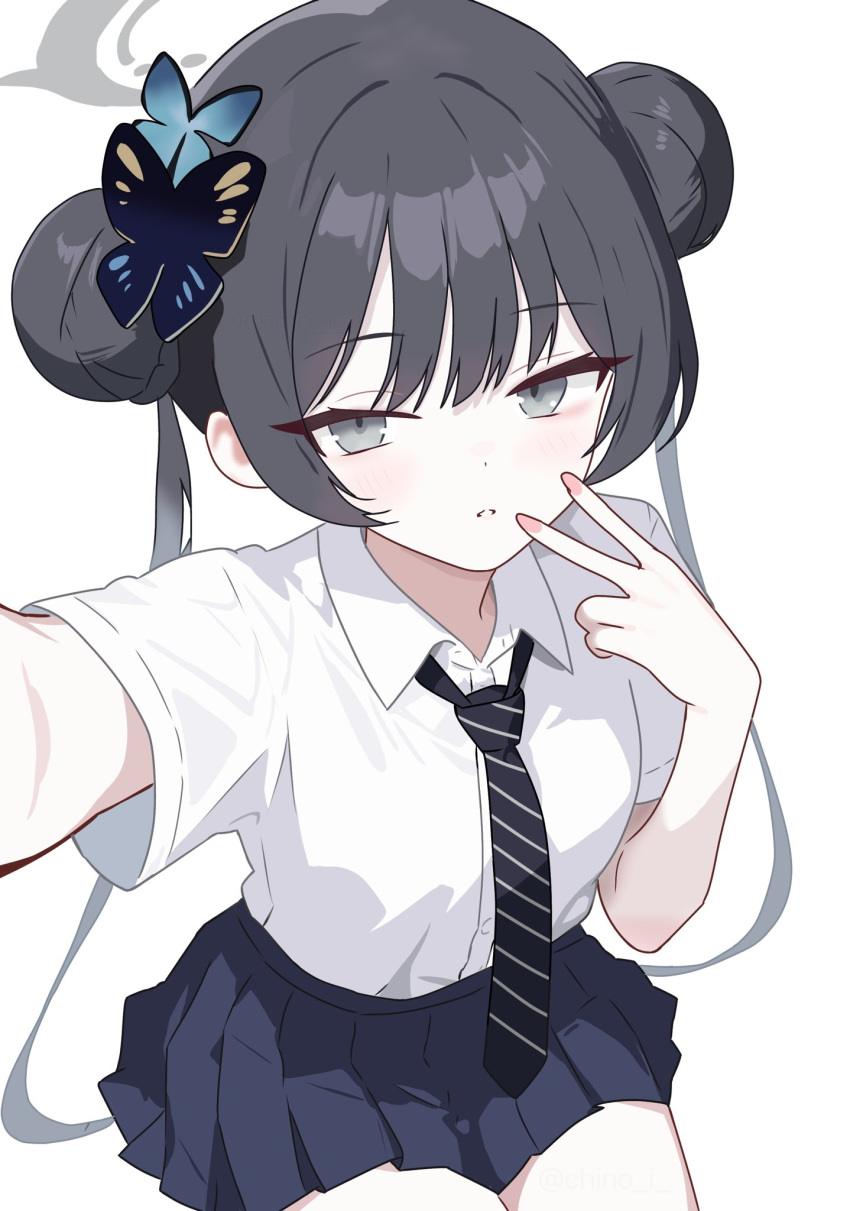 1girl, arm_up, black_hair, black_necktie, black_skirt, blue_archive, blush, butterfly_hair_ornament