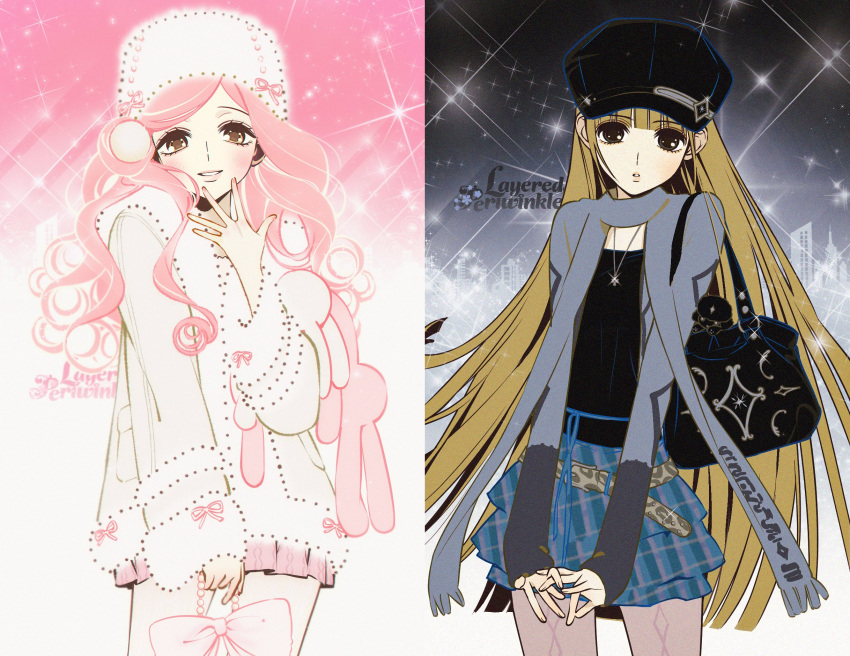 2girls, animal_print, bag, belt, black_bag, black_hat, black_shirt, blonde_hair