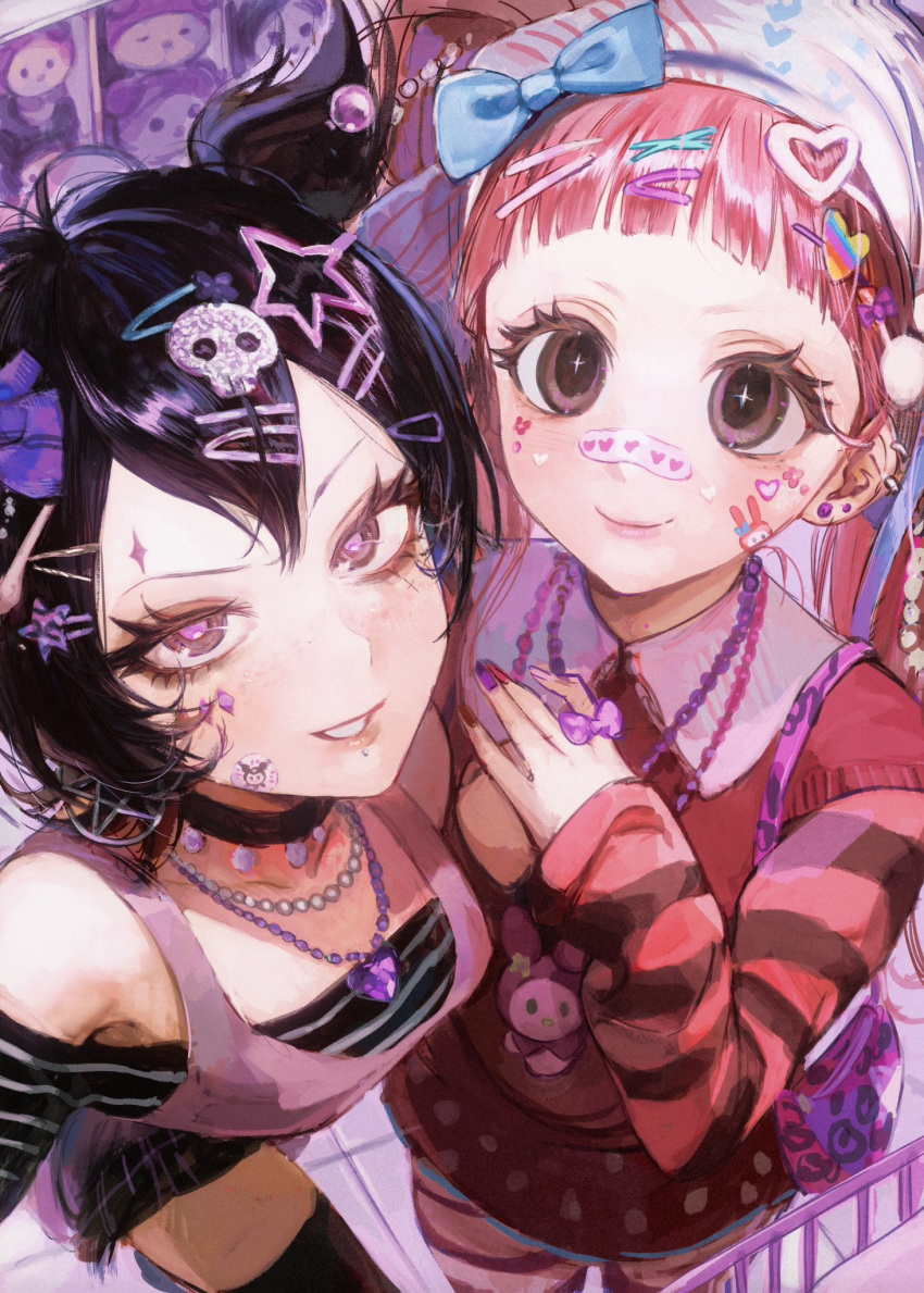 2girls, aegyo_sal, bag, bags_under_eyes, bead_necklace, beads, black_hair, bow, character_doll, decora, e-girl, earrings, fashion, from_above, gem, hair_bow, hair_ornament, handbag, heart, heart_necklace, highres, jewelry, kuromi, long_hair, looking_at_viewer, multiple_girls, my_melody, necklace, onegai_my_melody, original, own_hands_together, pentacle, pink_eyes, pink_hair, purple_gemstone, ring, sanrio, seapall, short_hair, short_twintails, skirt, sticker_on_face, stuffed_toy, twintails, violet_eyes, zettai_ryouiki
