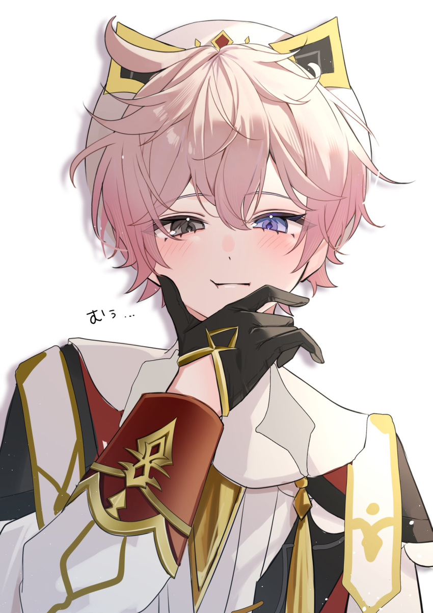 1boy, :t, ahoge, beret, black_capelet, black_gloves, blush, capelet